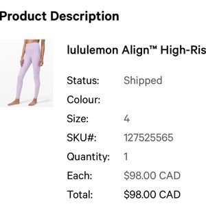 LEGGINGS ONLY - LAVENDER DEW ALIGN 28”